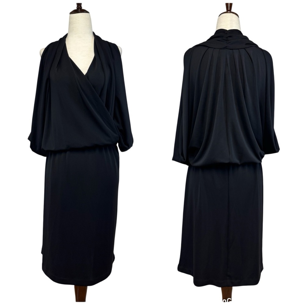 TALBOTS Black Draped Midi Dress Size XL Petite Faux Wrap Stretch Classic Office